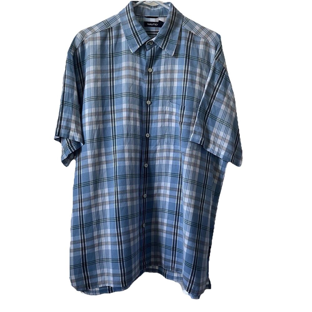 NAUTICA Men's Blue White Beige Short Sleeve Button Up Shirt Linen Rayon XL